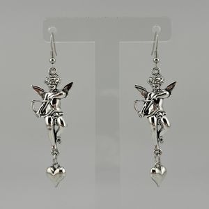Cupid Angel Heart Dangle Charm Earrings Silver Tone 3" Long Valentine Love Shiny